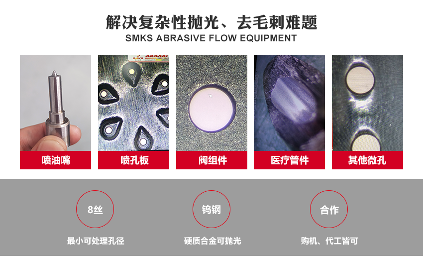 SMKS磨料流設(shè)備工藝原理 斯曼克磨粒流，使用金剛石微粉或碳化硅微粉等各式研磨劑混合成高分子彈性柔軟的磨料， 通過(guò)上下擠壓運(yùn)動(dòng)使磨料通過(guò)內(nèi)孔流道或加工面，以往復(fù)運(yùn)動(dòng)的方式來(lái)進(jìn)行表面研磨拋光。 針對(duì)各式內(nèi)孔流道、微細(xì)孔、復(fù)雜內(nèi)型腔、齒面、曲面或不規(guī)則面的拋光去毛刺，具有極佳效果。 安/全/環(huán)/保：磨料符合環(huán)保標(biāo)準(zhǔn)：無(wú)高熱，無(wú)溶液，低分貝，無(wú)粉塵